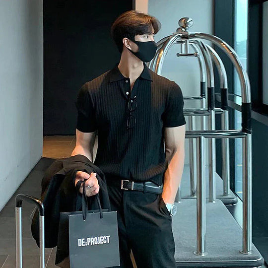 Herre Polo Skjorte Slim Fit Ribbet Strikket Korte Ermer 3