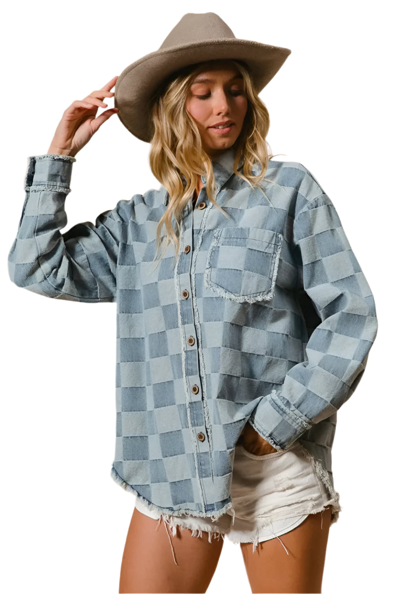 Herre Skjorte Oversized Denim med Rutemønster og Frayed Kante Detaljer 0