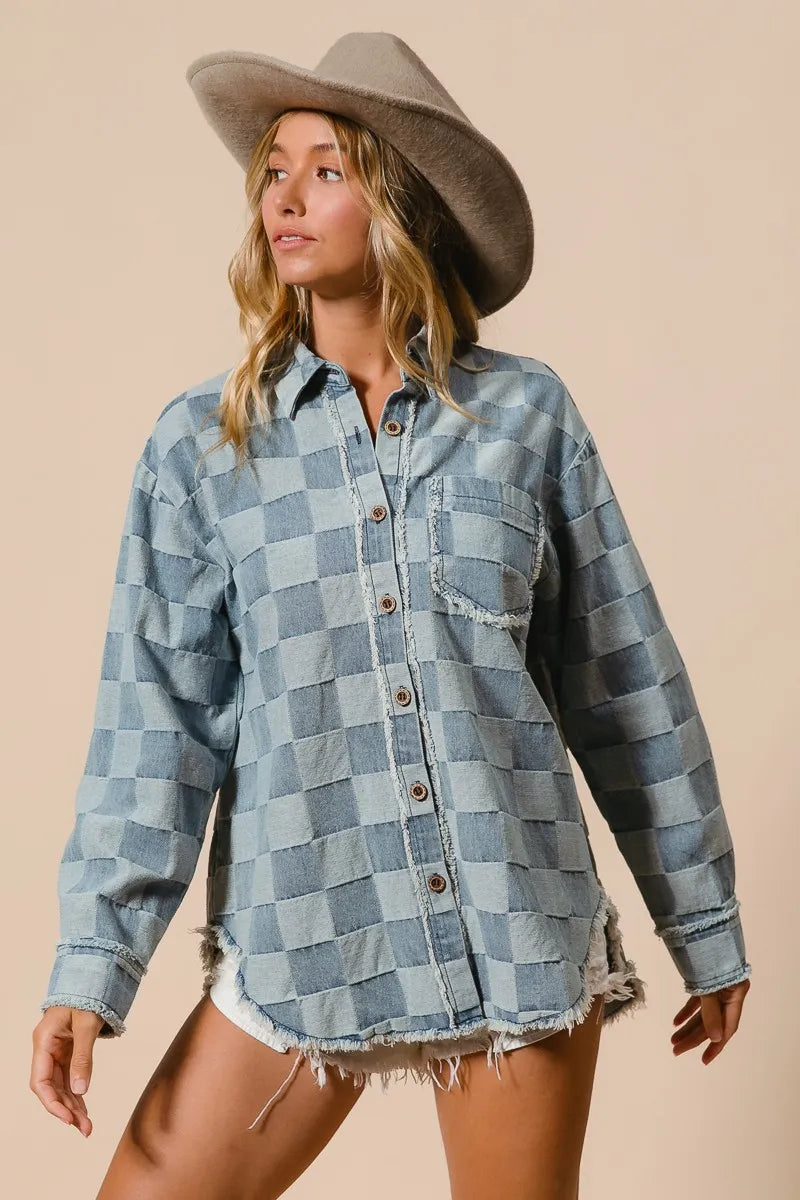 Herre Skjorte Oversized Denim med Rutemønster og Frayed Kante Detaljer 1