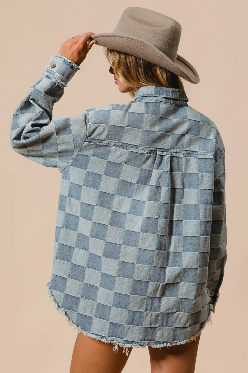 Herre Skjorte Oversized Denim med Rutemønster og Frayed Kante Detaljer 2