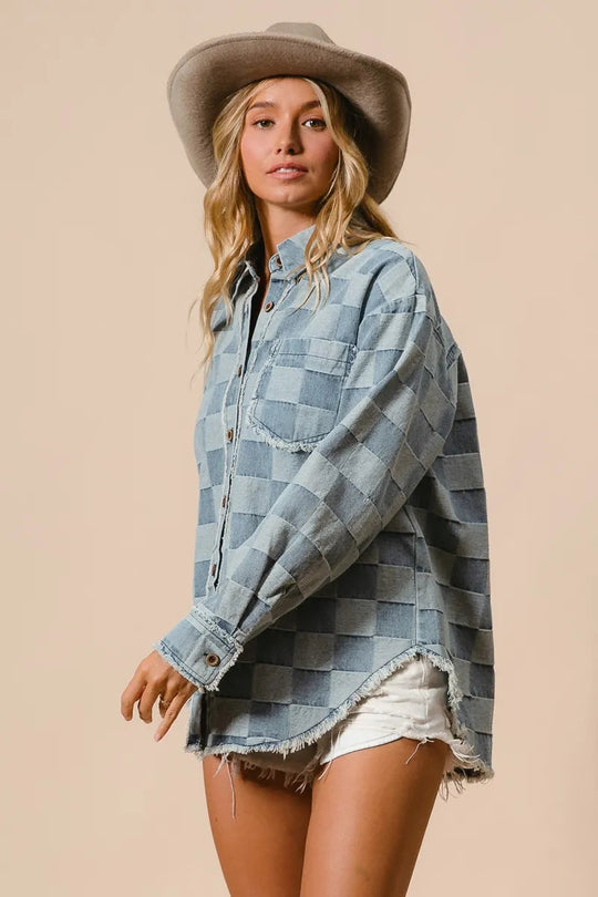 Herre Skjorte Oversized Denim med Rutemønster og Frayed Kante Detaljer 3