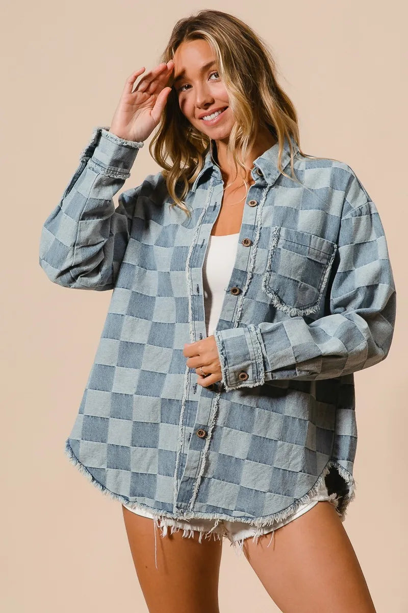 Herre Skjorte Oversized Denim med Rutemønster og Frayed Kante Detaljer 4
