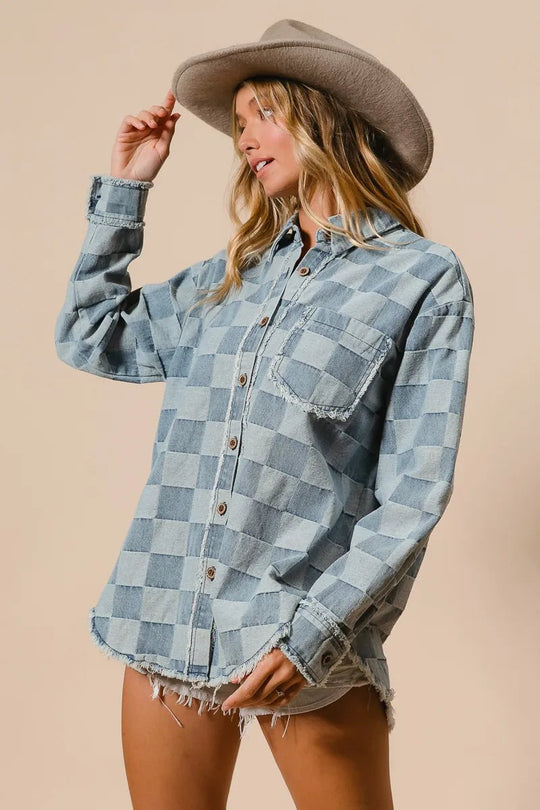 Herre Skjorte Oversized Denim med Rutemønster og Frayed Kante Detaljer 6
