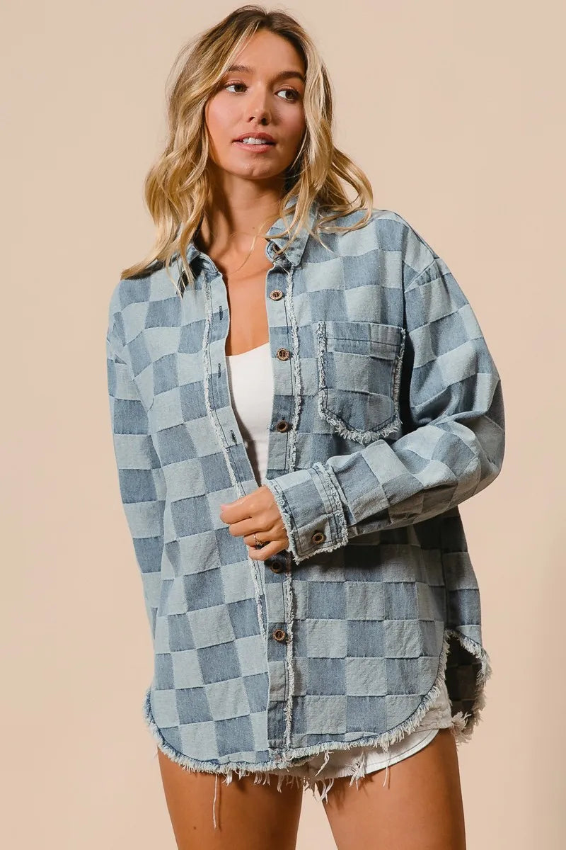 Herre Skjorte Oversized Denim med Rutemønster og Frayed Kante Detaljer 7