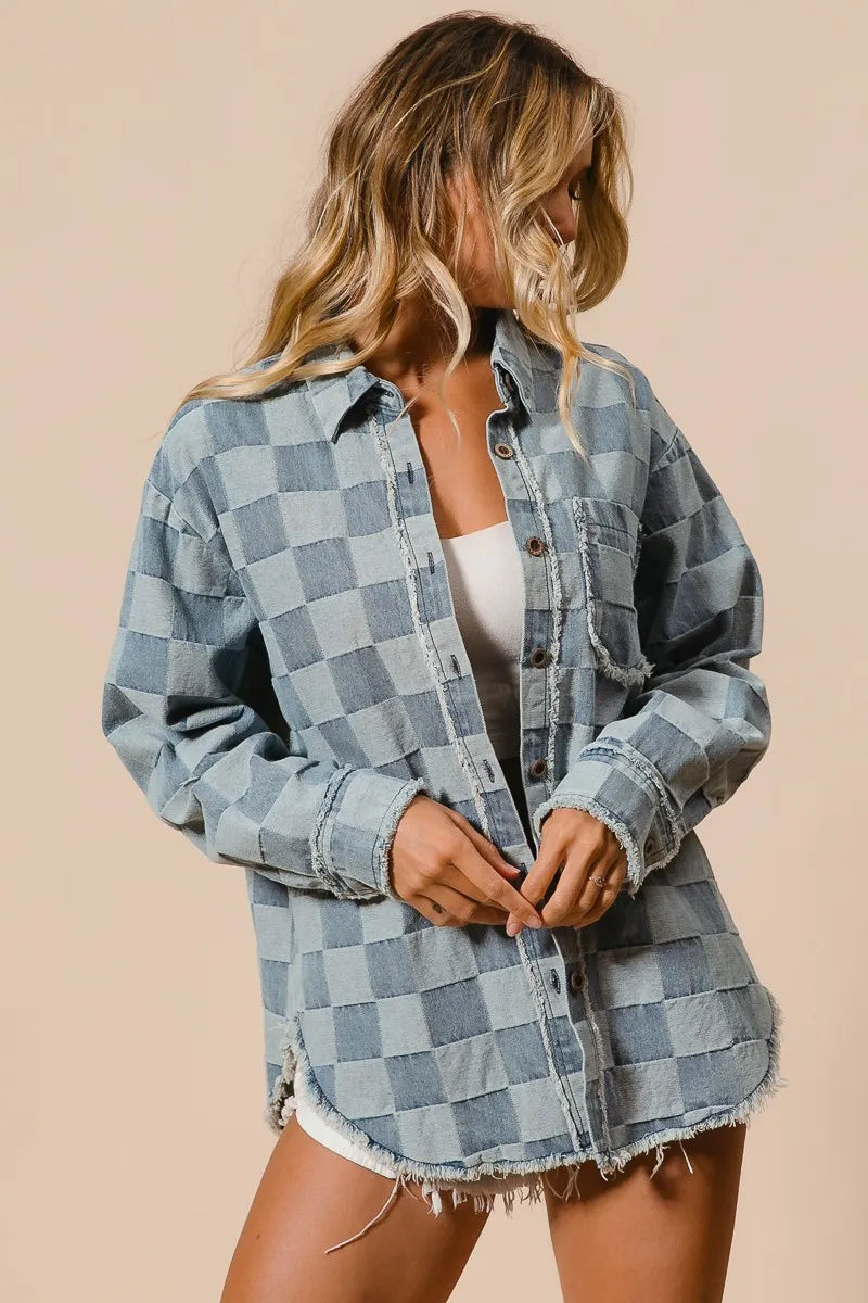 Herre Skjorte Oversized Denim med Rutemønster og Frayed Kante Detaljer 8