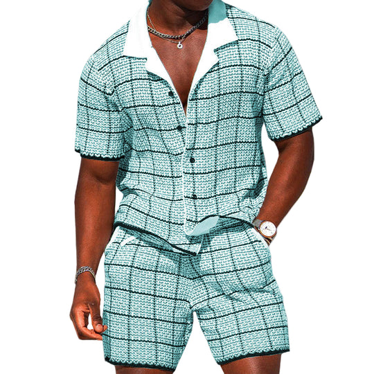 Herre To-delt Sett - Kortermet Skjorte & Shorts - Rutete Casual Passform 0