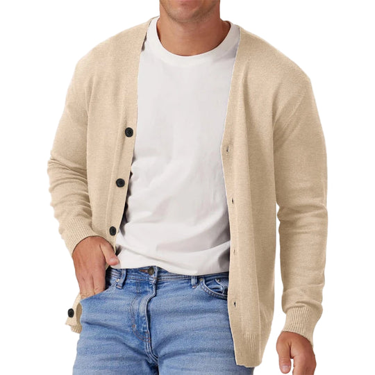 Herre Vintage Langermet Cardigan Genser med V-hals og Knapp 0