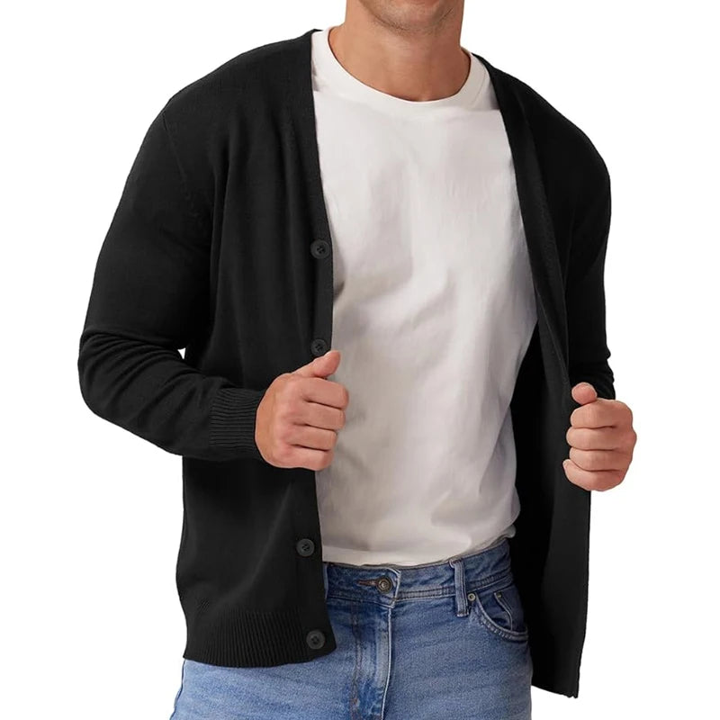 Herre Vintage Langermet Cardigan Genser med V-hals og Knapp 1
