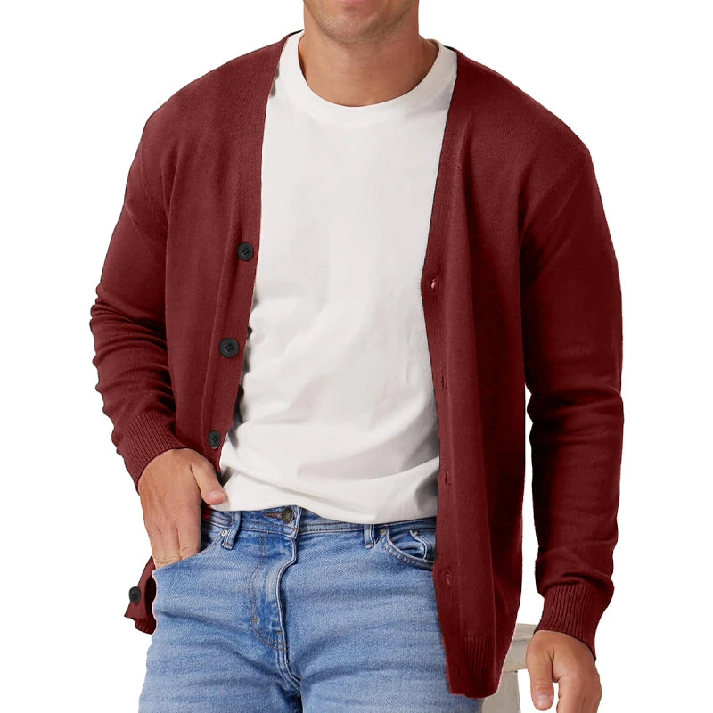 Herre Vintage Langermet Cardigan Genser med V-hals og Knapp 3