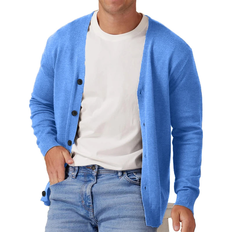 Herre Vintage Langermet Cardigan Genser med V-hals og Knapp 8