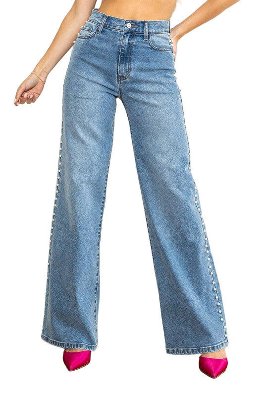Høyt livdende jeans for kvinner i medium stein 0