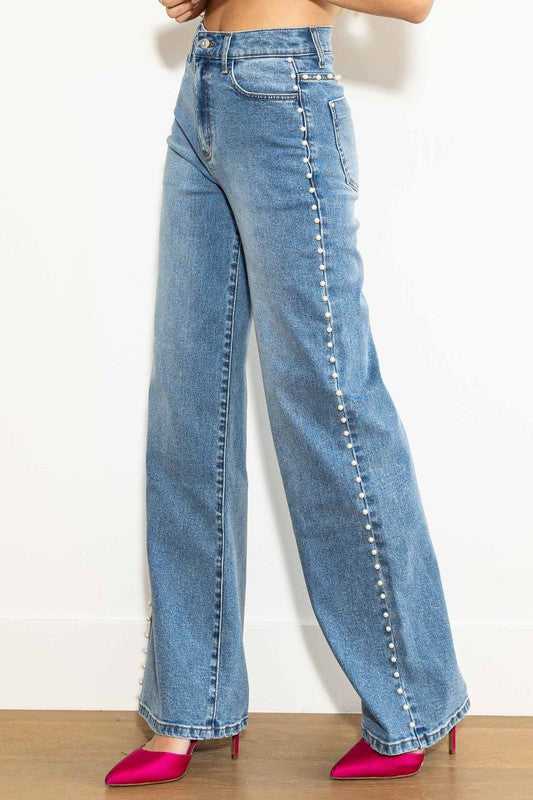 Høyt livdende jeans for kvinner i medium stein 1