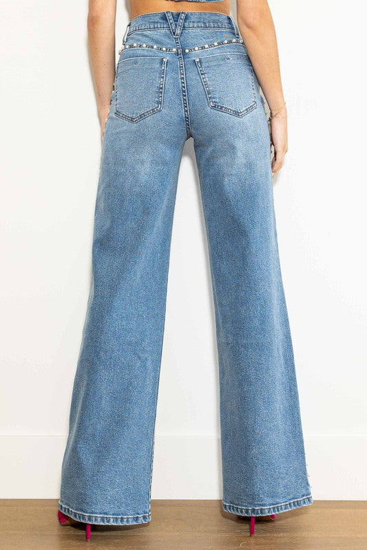 Høyt livdende jeans for kvinner i medium stein 2