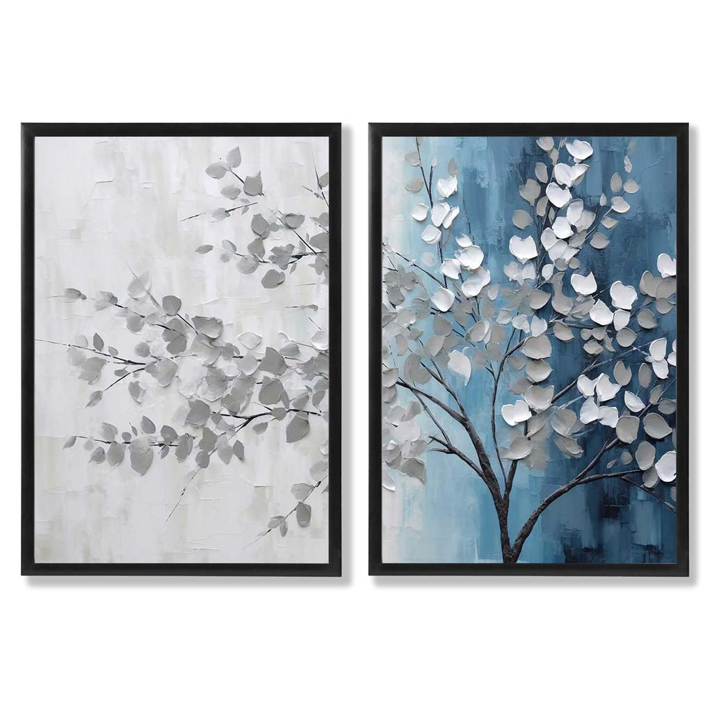 Innrammet Diptych Kunstsett med Blå og Grå Nyanser 0