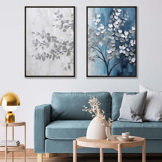 Innrammet Diptych Kunstsett med Blå og Grå Nyanser 1