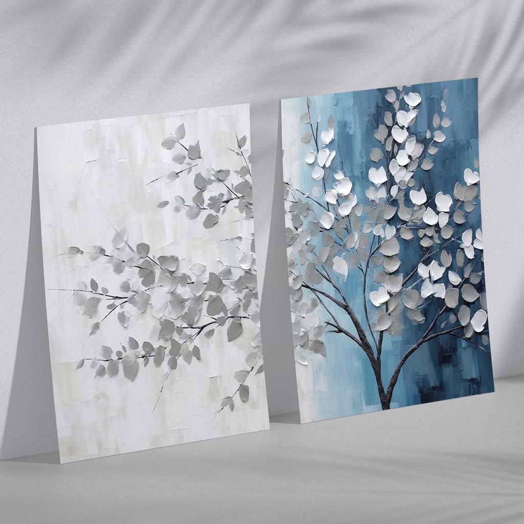 Innrammet Diptych Kunstsett med Blå og Grå Nyanser 2