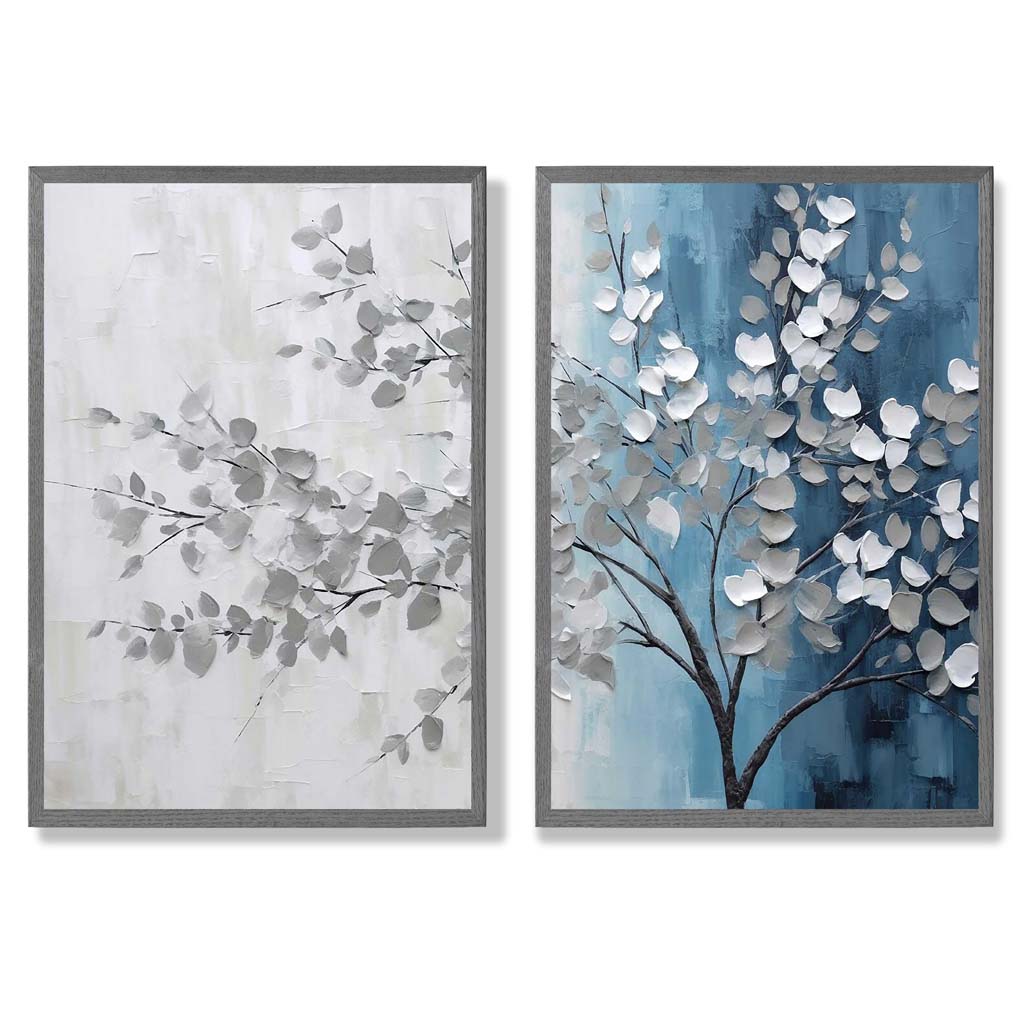 Innrammet Diptych Kunstsett med Blå og Grå Nyanser 4