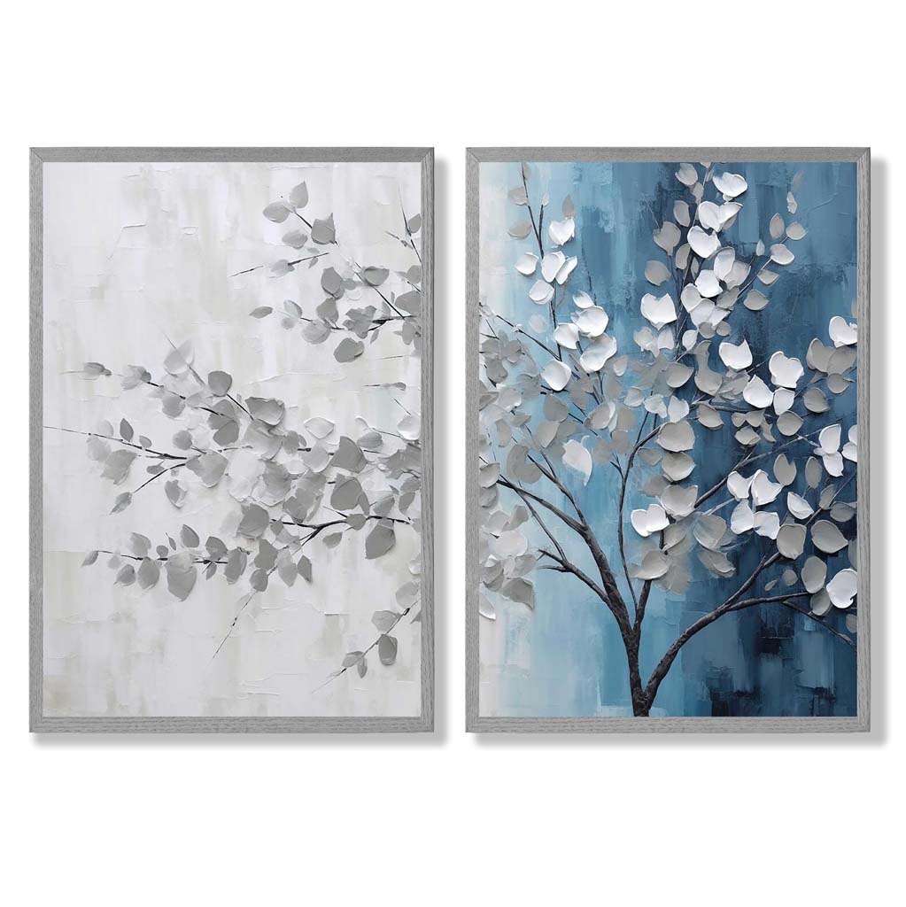 Innrammet Diptych Kunstsett med Blå og Grå Nyanser 5