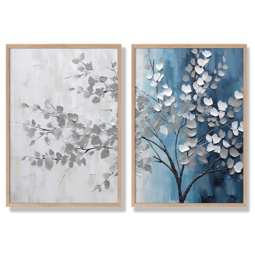 Innrammet Diptych Kunstsett med Blå og Grå Nyanser 6