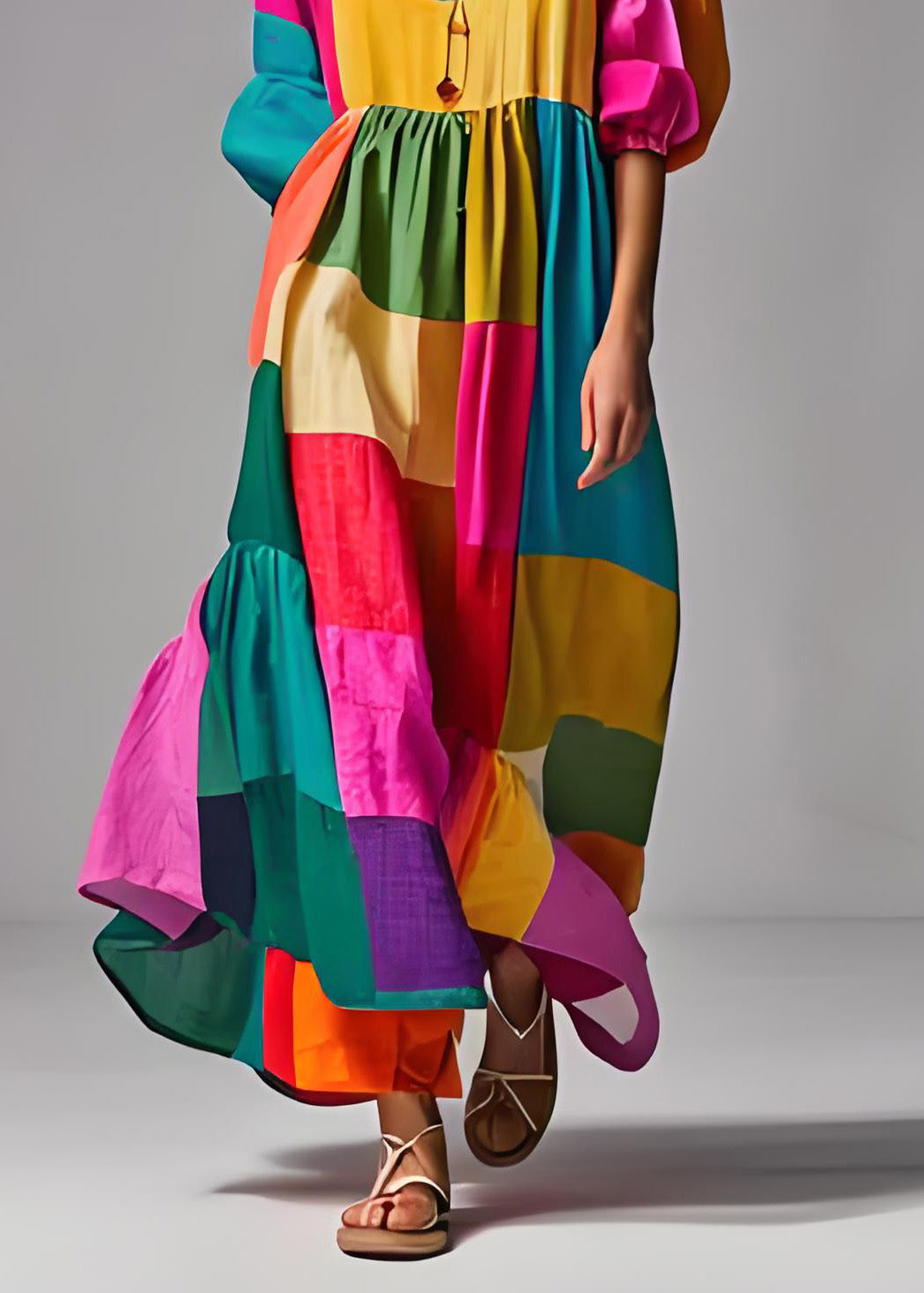 Kjole med Pufferm, Colorblock U-hals 4