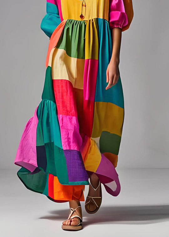 Kjole med Pufferm, Colorblock U-hals 4