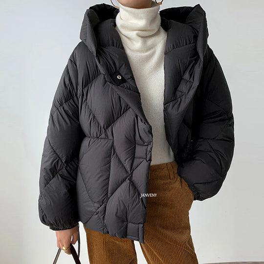 Korte Jakker Dame Med Hette Puffer Løs Passform 3