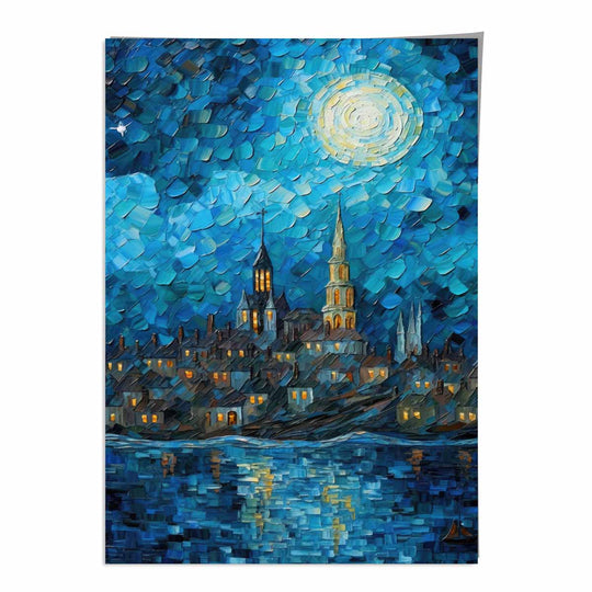 Kunsttrykk By Ved Innsjøen Om Natten 0