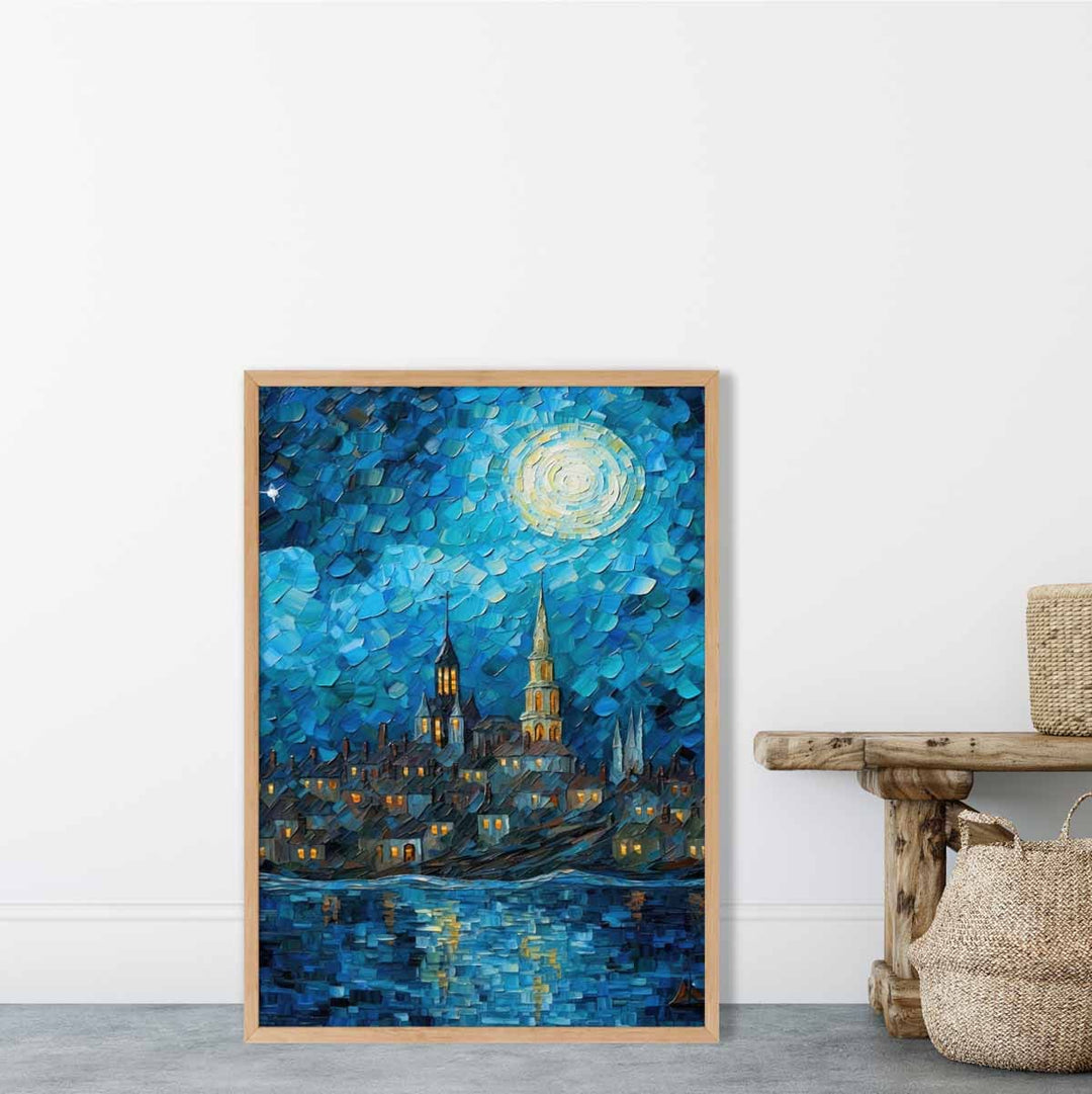 Kunsttrykk By Ved Innsjøen Om Natten 1