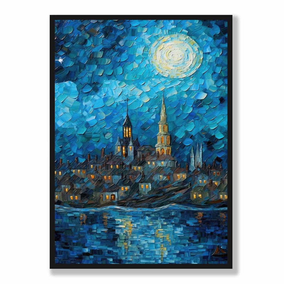 Kunsttrykk By Ved Innsjøen Om Natten 5