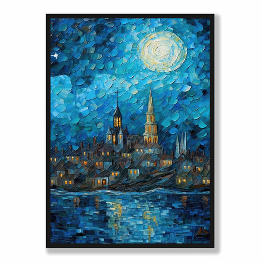 Kunsttrykk By Ved Innsjøen Om Natten 5