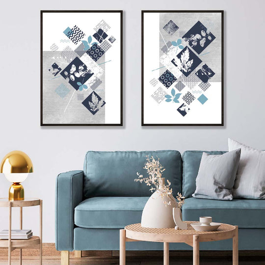Kunsttrykk Sett med Blomsterdesign i Blått og Grått 1