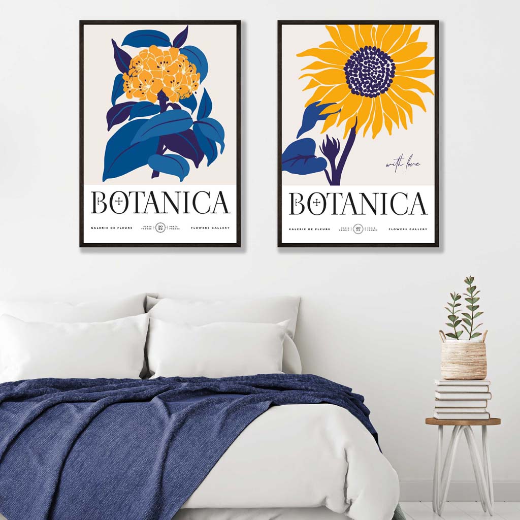 Kunsttrykk Sett med Solsikker i Blått og Gult 1