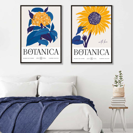 Kunsttrykk Sett med Solsikker i Blått og Gult 1