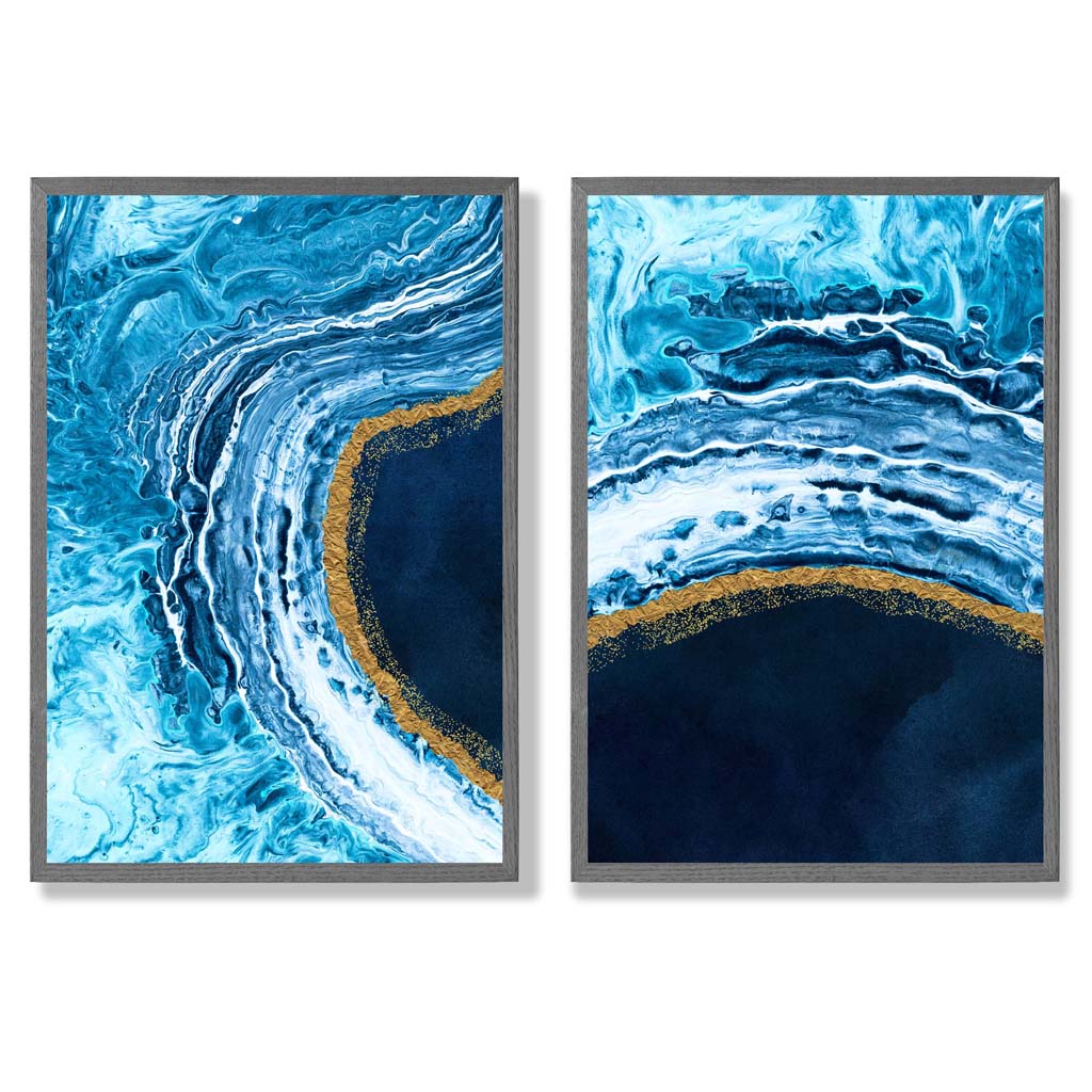 Kunstverk Sett med 2 Abstrakte Trykk Blå og Gull 4