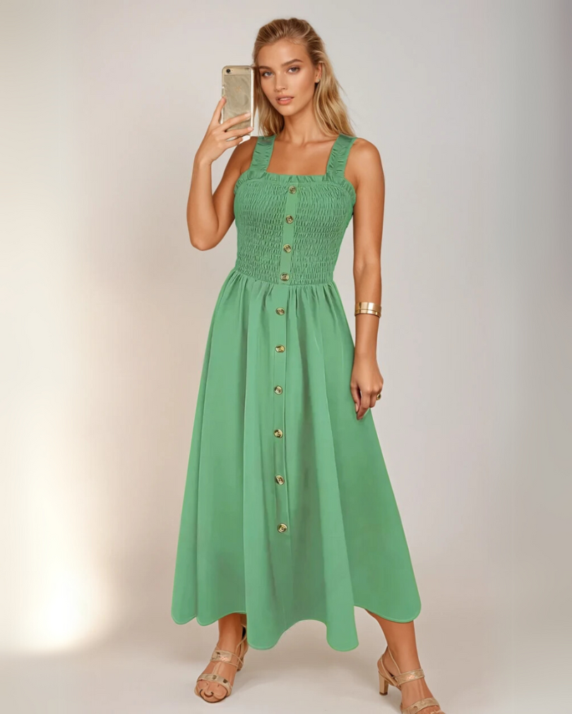 Kvinne A-Line Maxi Kjole med Shirret Midje 5