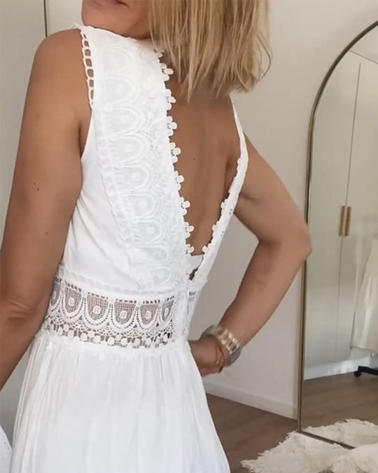 Kvinne A-linje Kjole med Blonde V-hals 3