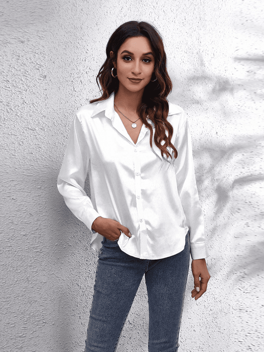 Kvinne Bluse Langermet Satin Myk Luksuriøs 10