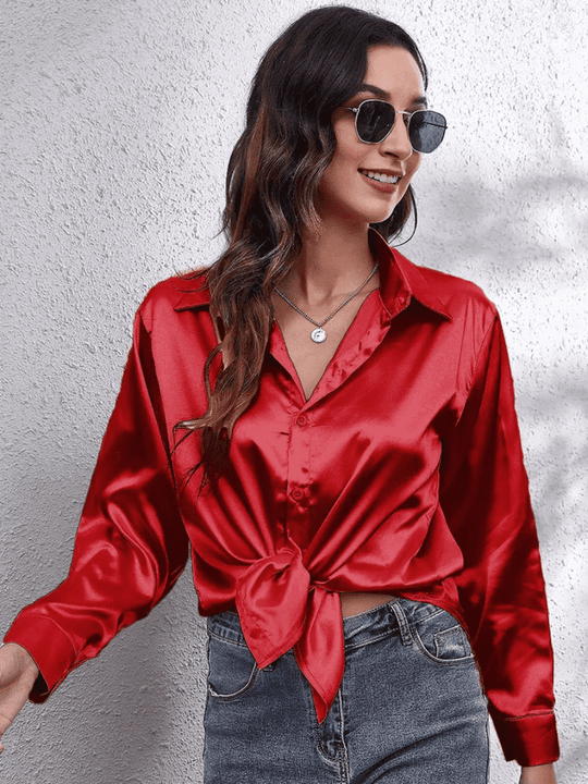 Kvinne Bluse Langermet Satin Myk Luksuriøs 11
