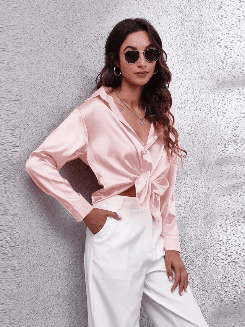 Kvinne Bluse Langermet Satin Myk Luksuriøs 12