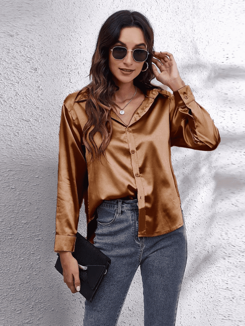 Kvinne Bluse Langermet Satin Myk Luksuriøs 13