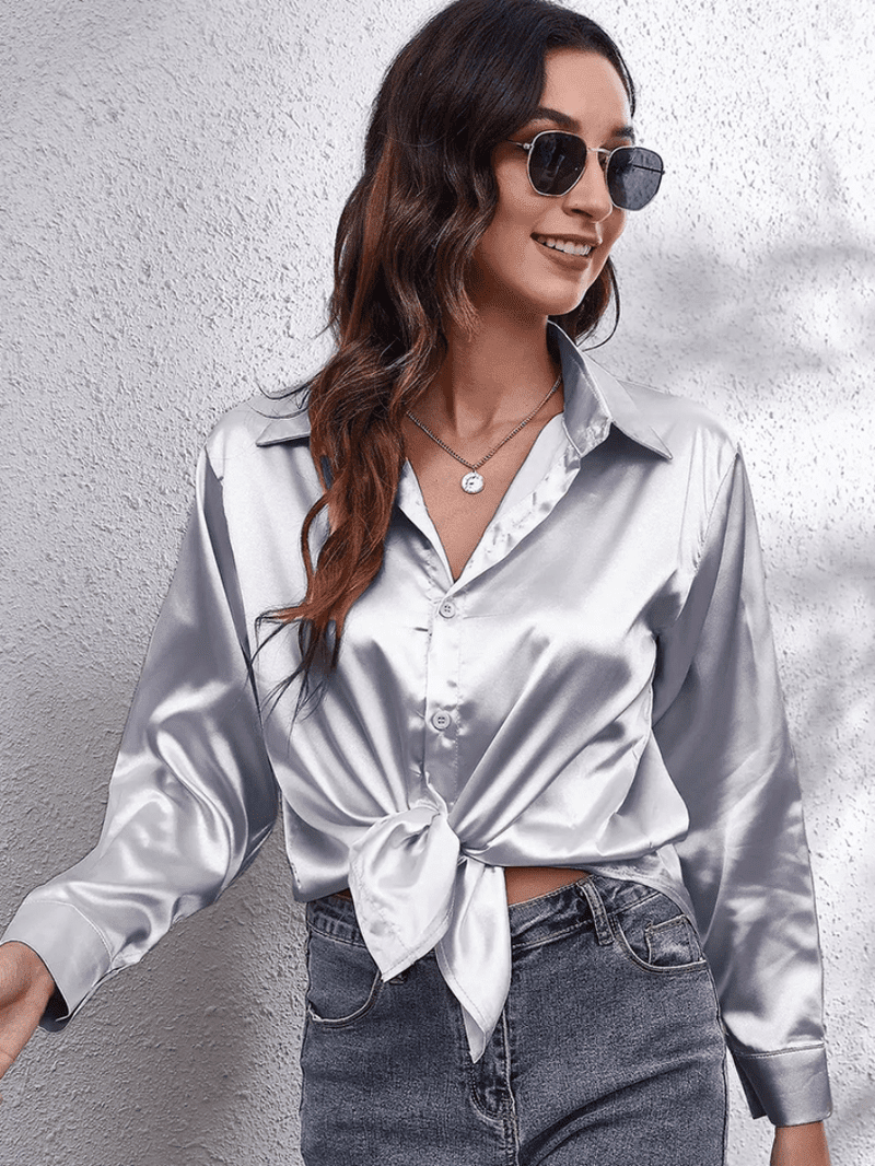 Kvinne Bluse Langermet Satin Myk Luksuriøs 7