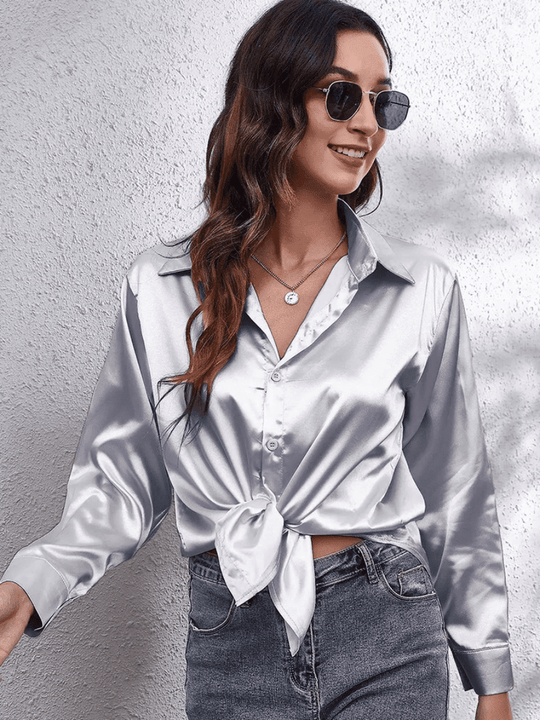 Kvinne Bluse Langermet Satin Myk Luksuriøs 7