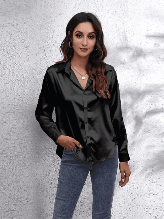 Kvinne Bluse Langermet Satin Myk Luksuriøs 9