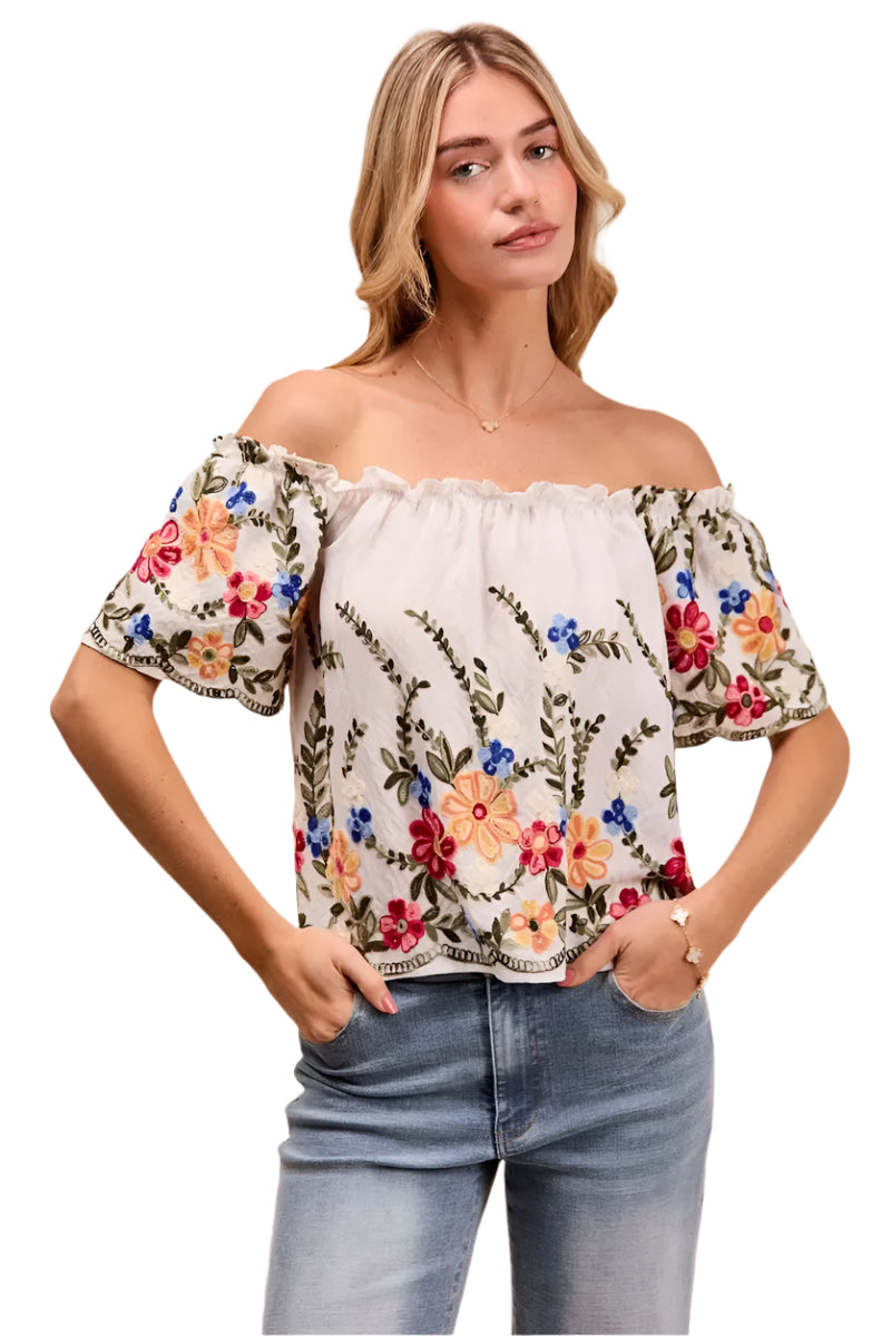 Kvinne Bluse Med Blomsterbroderi Rysje Rayon Polyester 0