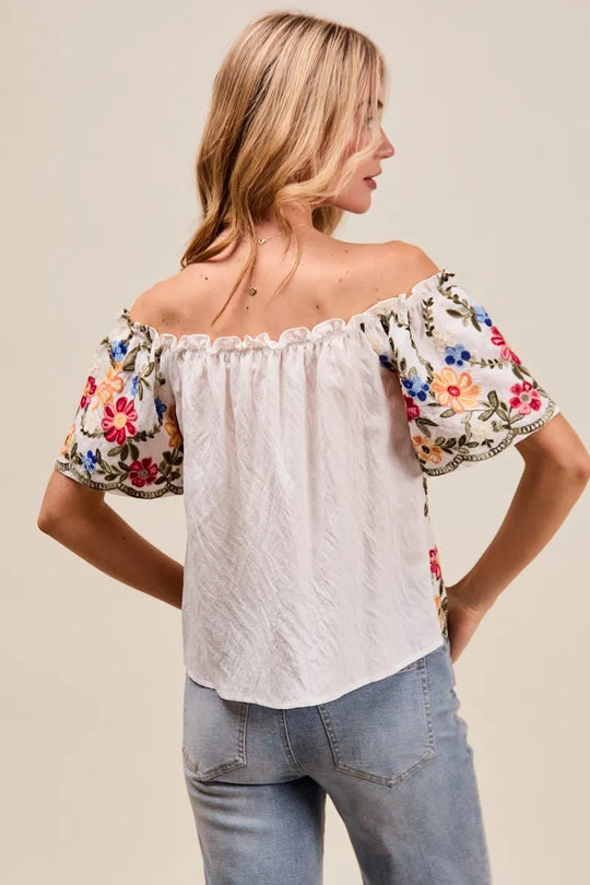 Kvinne Bluse Med Blomsterbroderi Rysje Rayon Polyester 1