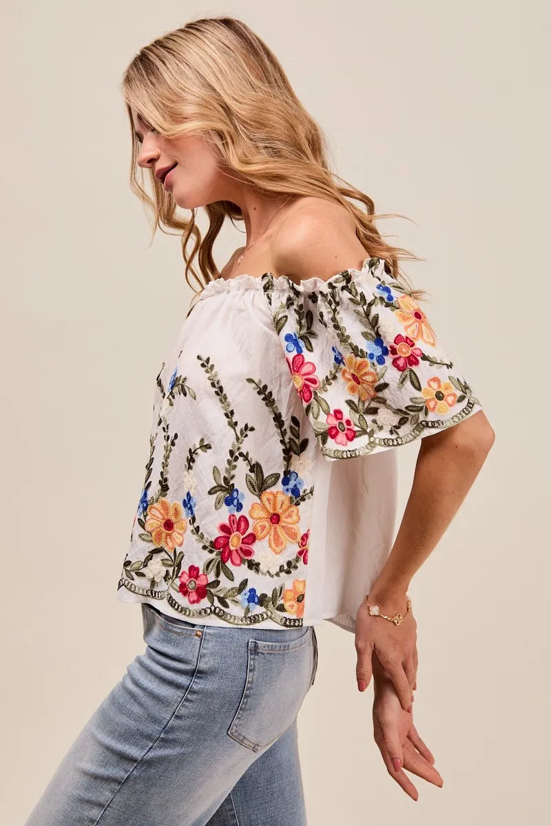Kvinne Bluse Med Blomsterbroderi Rysje Rayon Polyester 2