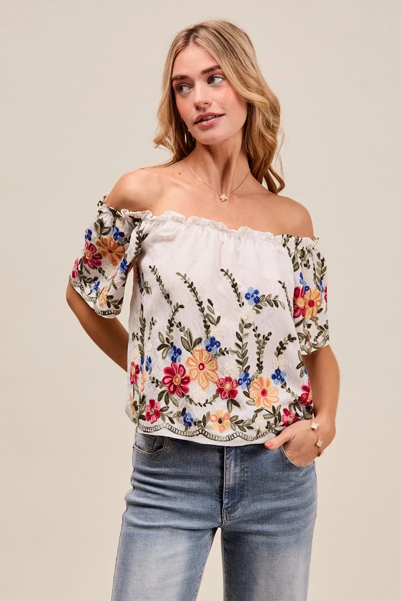 Kvinne Bluse Med Blomsterbroderi Rysje Rayon Polyester 3