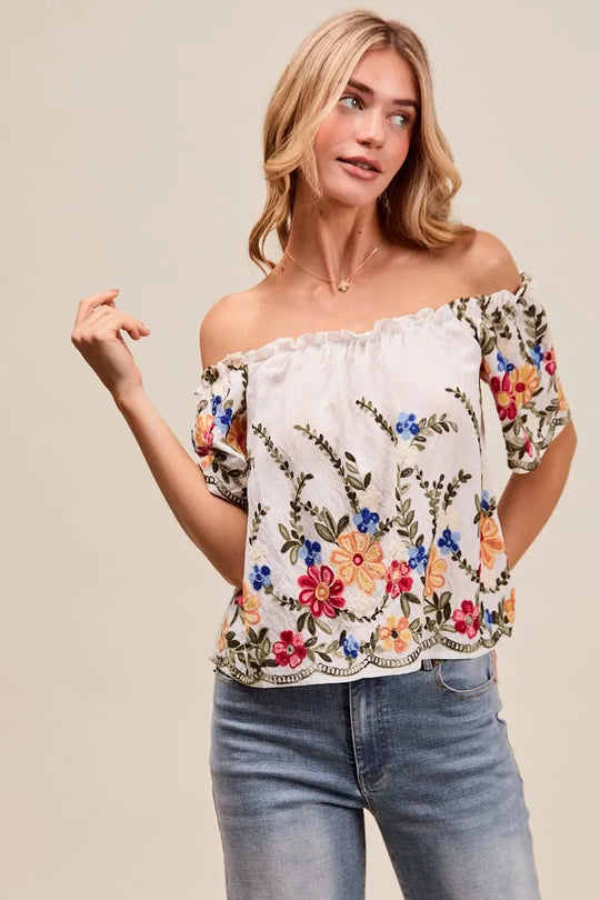 Kvinne Bluse Med Blomsterbroderi Rysje Rayon Polyester 4
