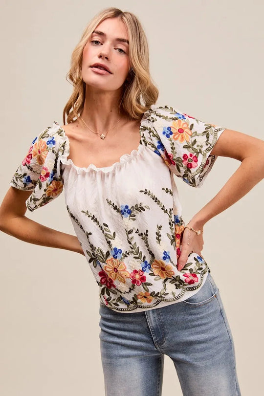 Kvinne Bluse Med Blomsterbroderi Rysje Rayon Polyester 5