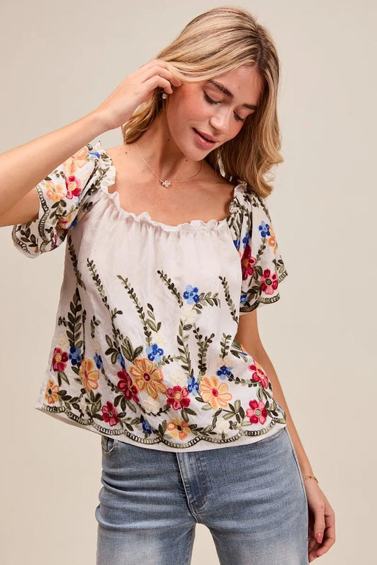Kvinne Bluse Med Blomsterbroderi Rysje Rayon Polyester 6